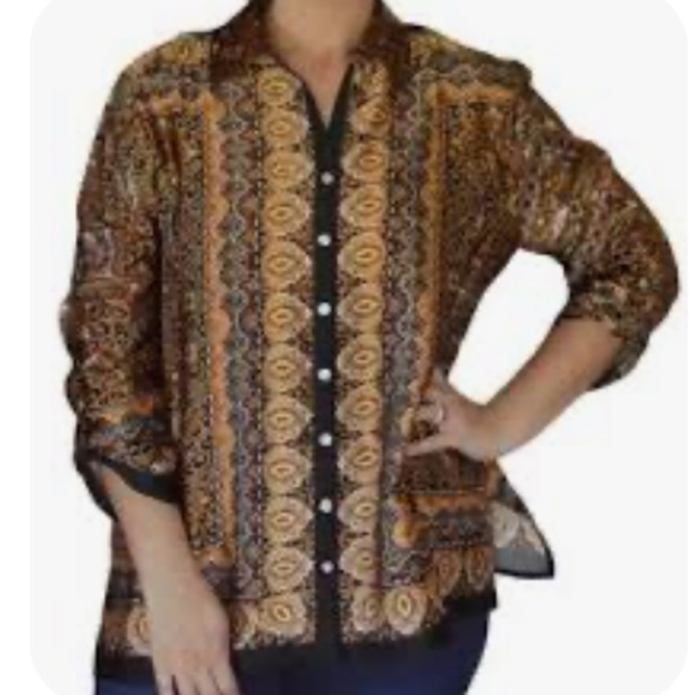 Ruby Rd. Black, Gold & Brown Patterned LS Button-Down Shirt, NWTS, XL